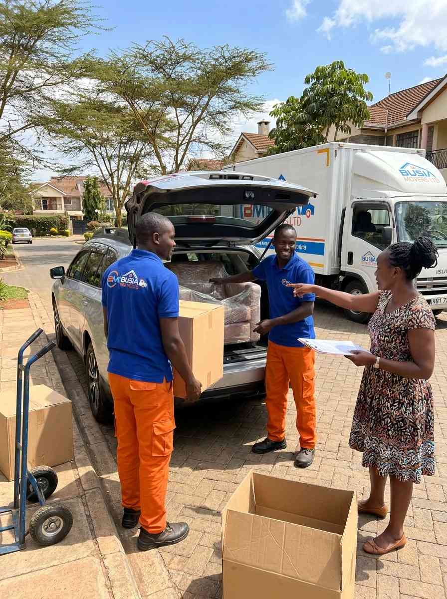 Busia Movers loading wrapped sofa for client